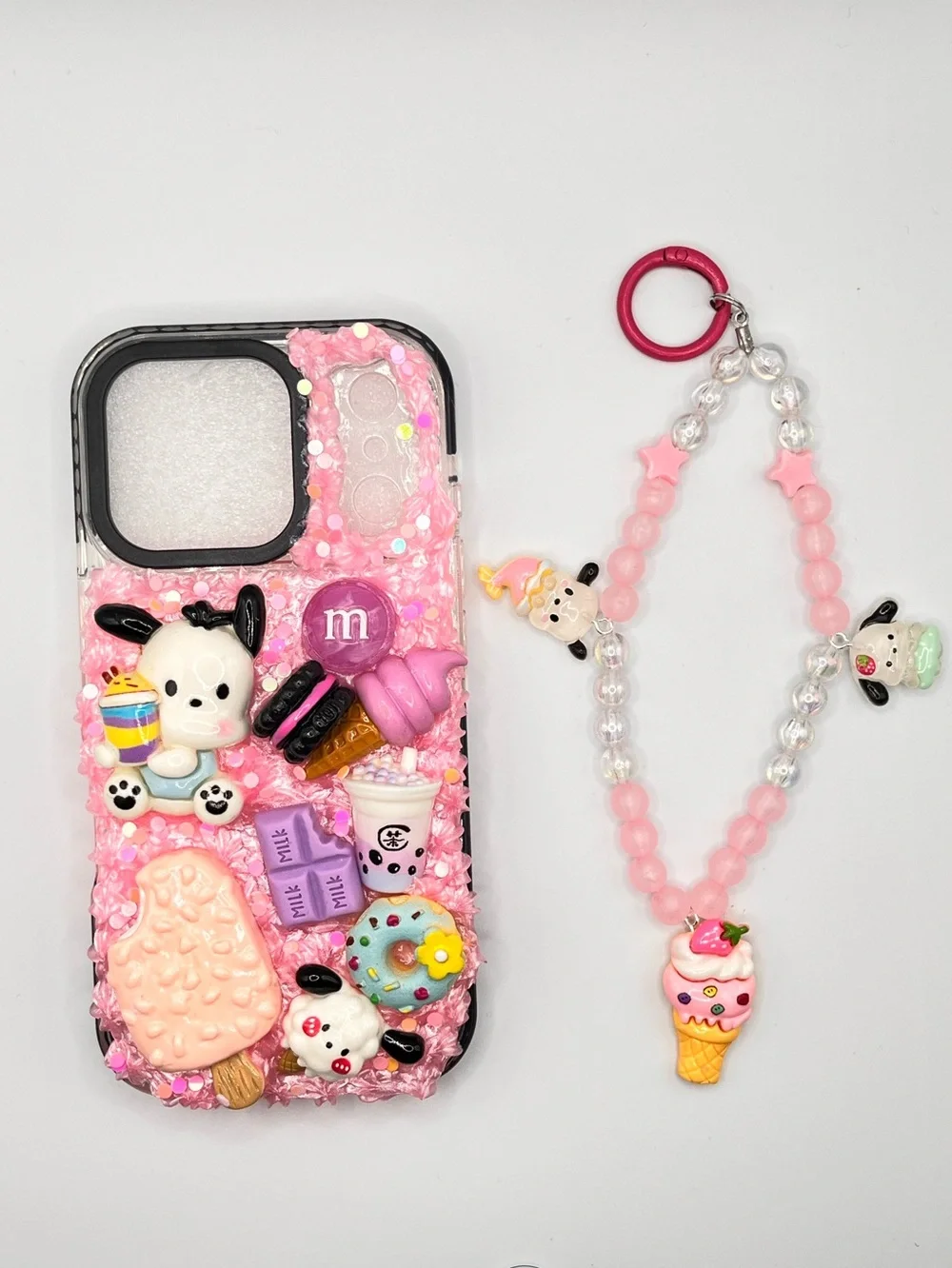 Bundle Pink Cute Pochacco & Sweets pochacco Phone Case with Beaded Strap